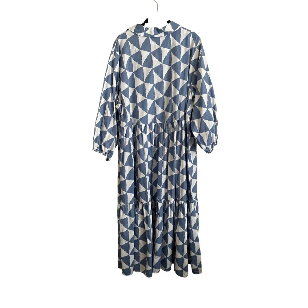 Maeve Anthropologie Bettina Tiered Shirtdress Blue White Geometric Maxi 2X Artsy - Picture 7 of 8